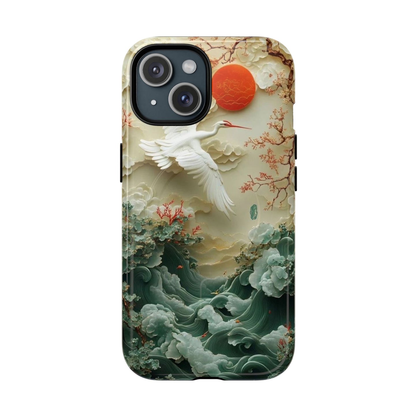 Elegant Tough Magnetic Case with Cranes and Waves Design