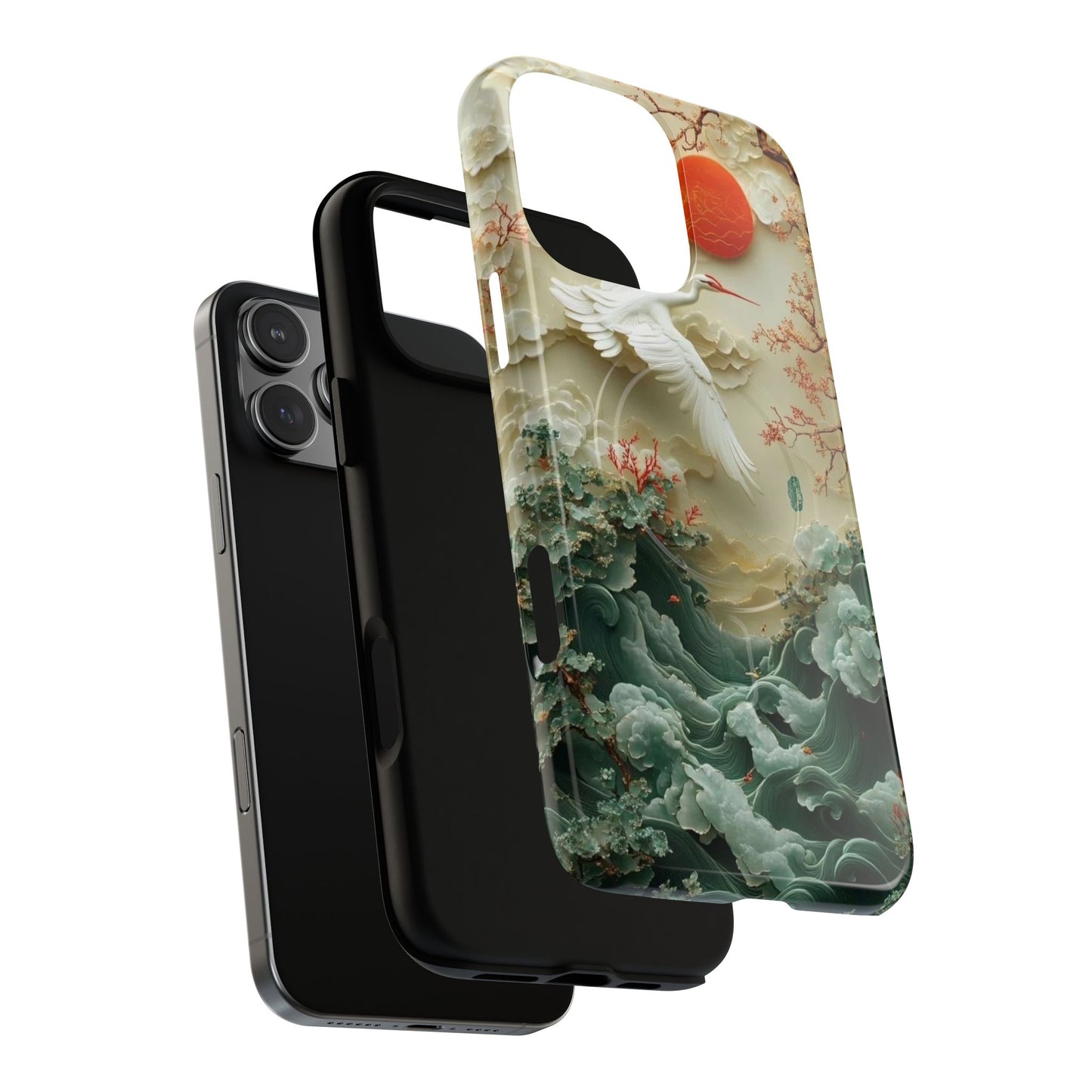 Elegant Tough Magnetic Case with Cranes and Waves Design