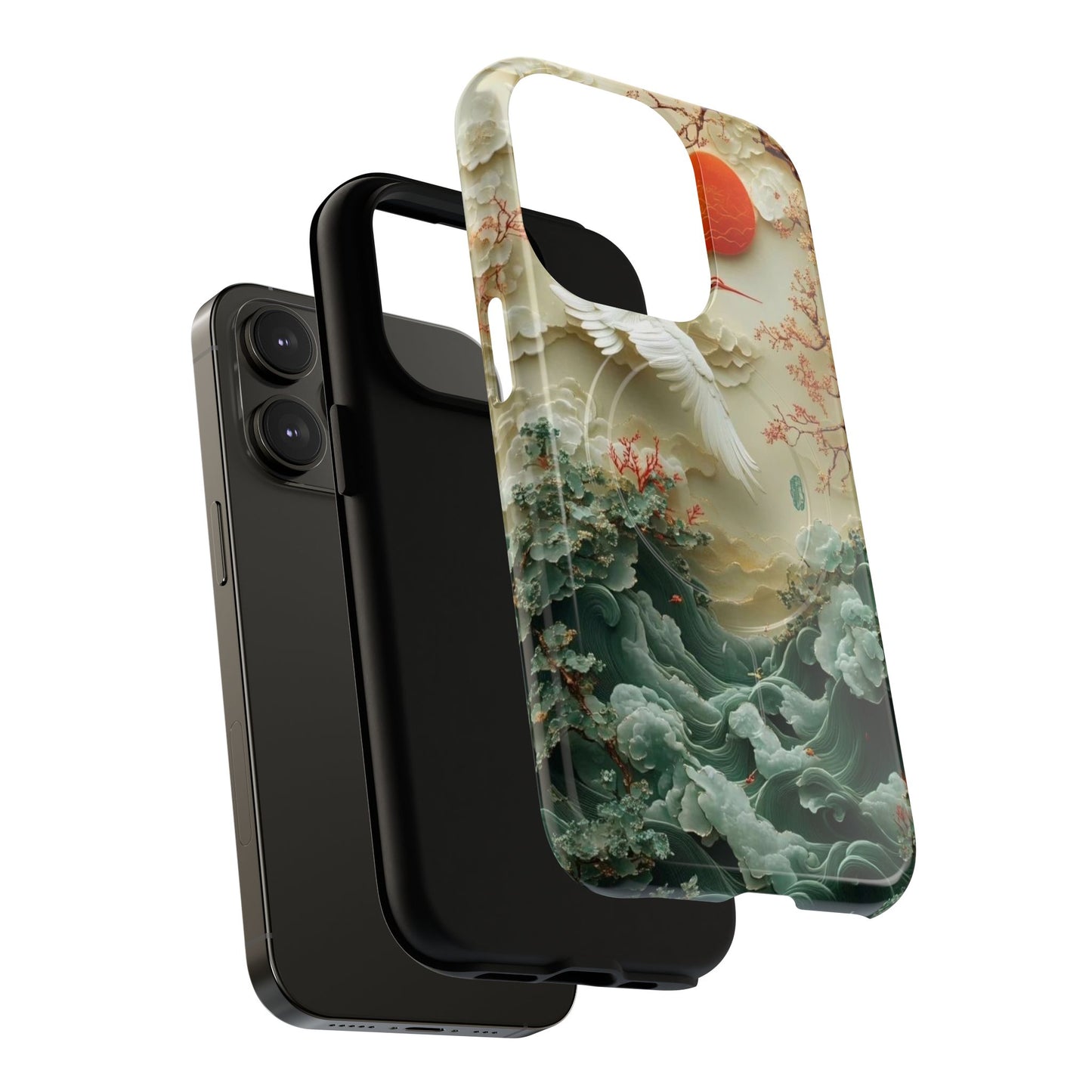 Elegant Tough Magnetic Case with Cranes and Waves Design