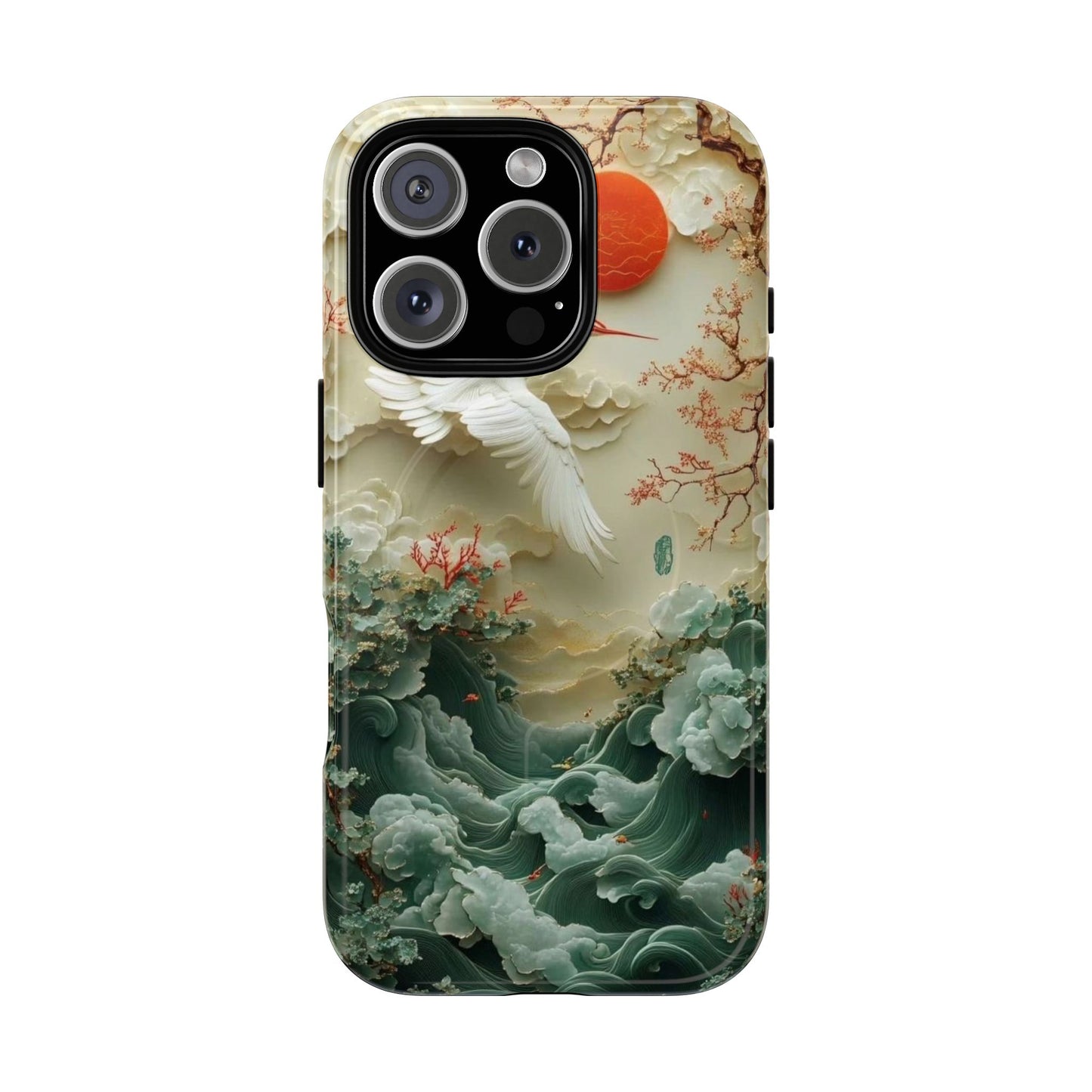 Elegant Tough Magnetic Case with Cranes and Waves Design