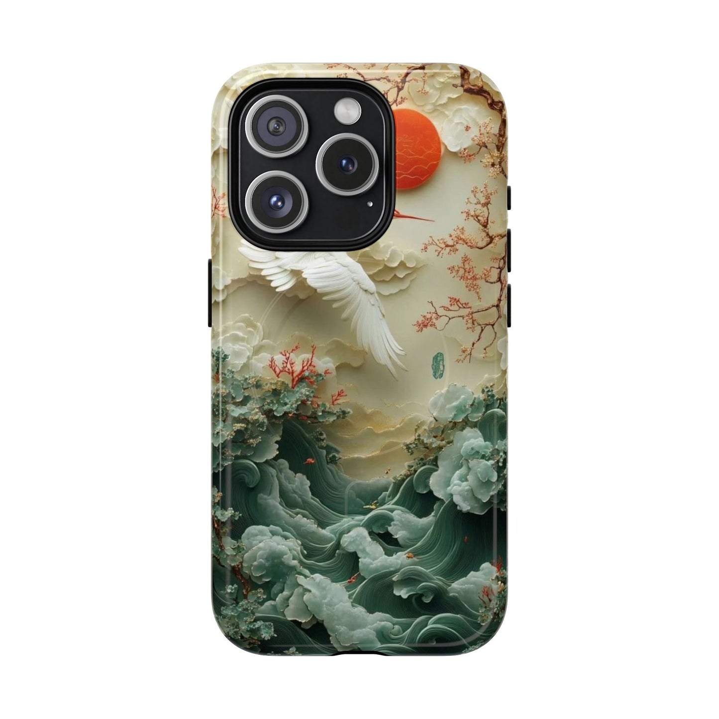 Elegant Tough Magnetic Case with Cranes and Waves Design