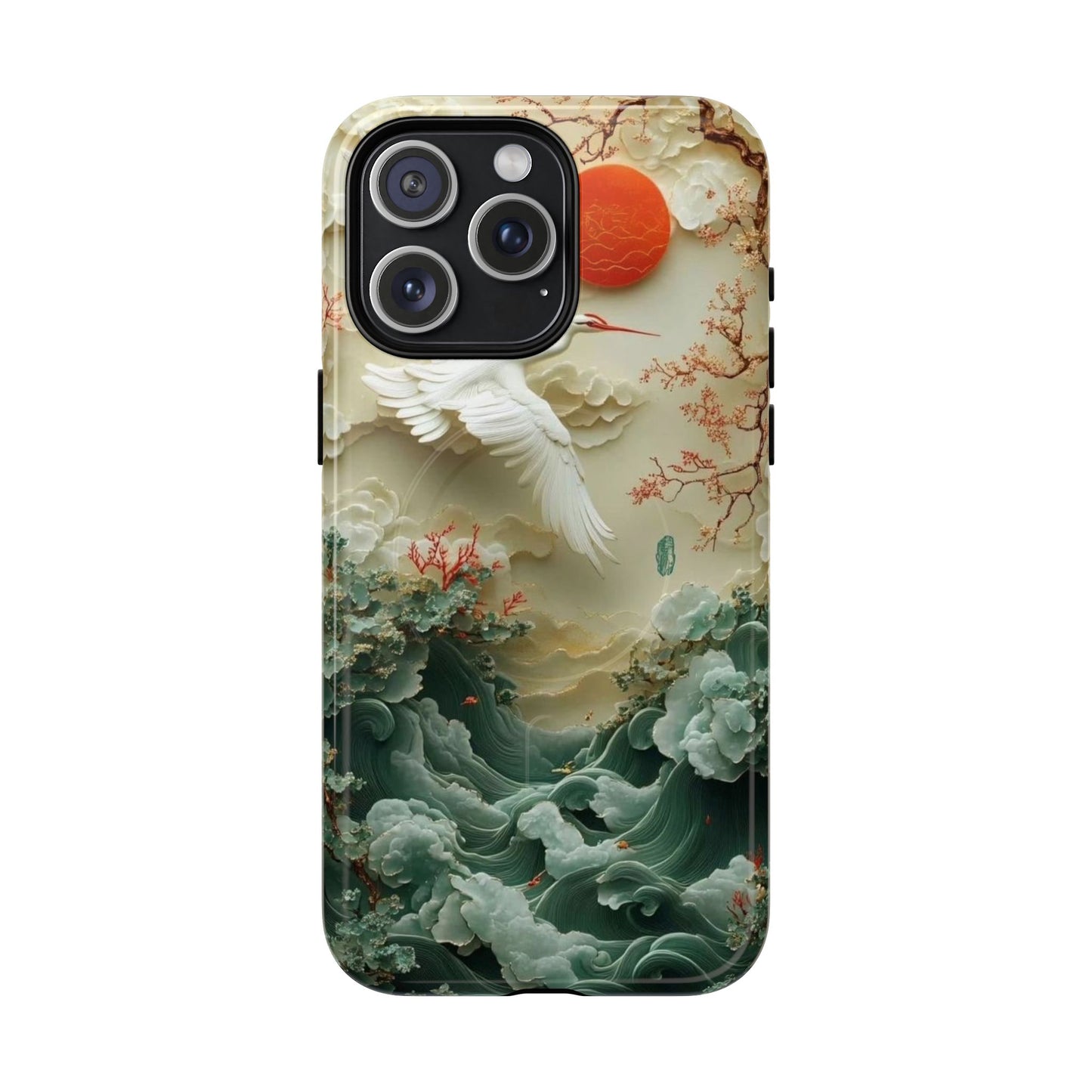 Elegant Tough Magnetic Case with Cranes and Waves Design