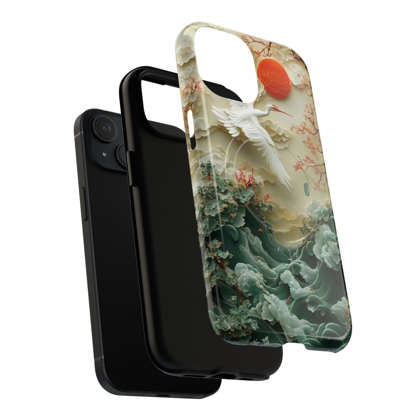 Elegant Tough Magnetic Case with Cranes and Waves Design