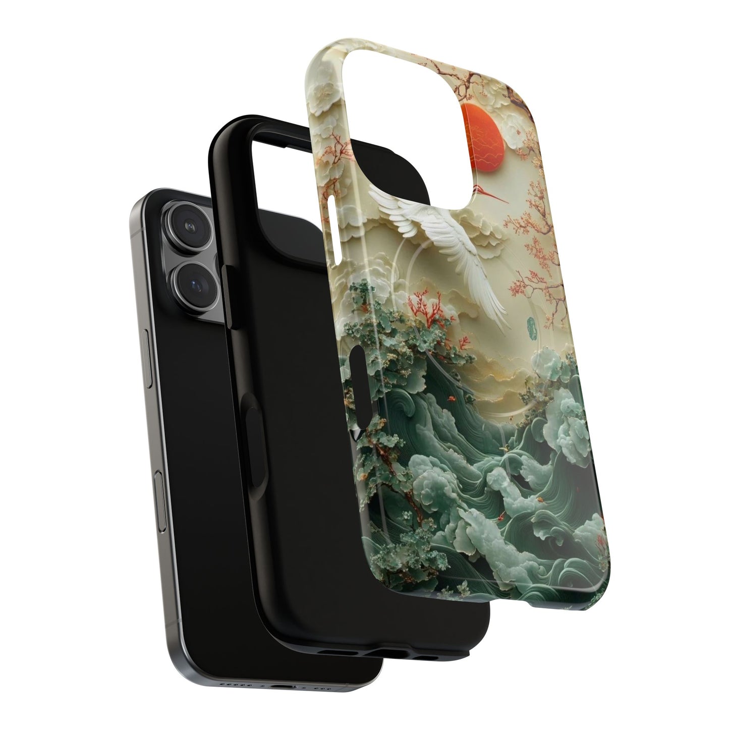 Elegant Tough Magnetic Case with Cranes and Waves Design