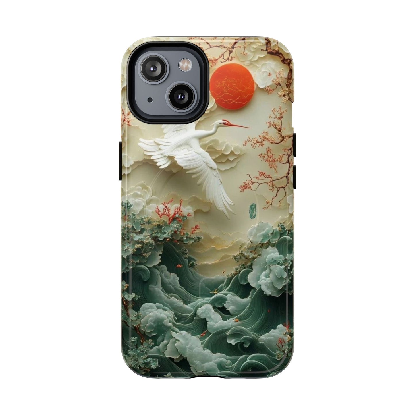 Elegant Tough Magnetic Case with Cranes and Waves Design