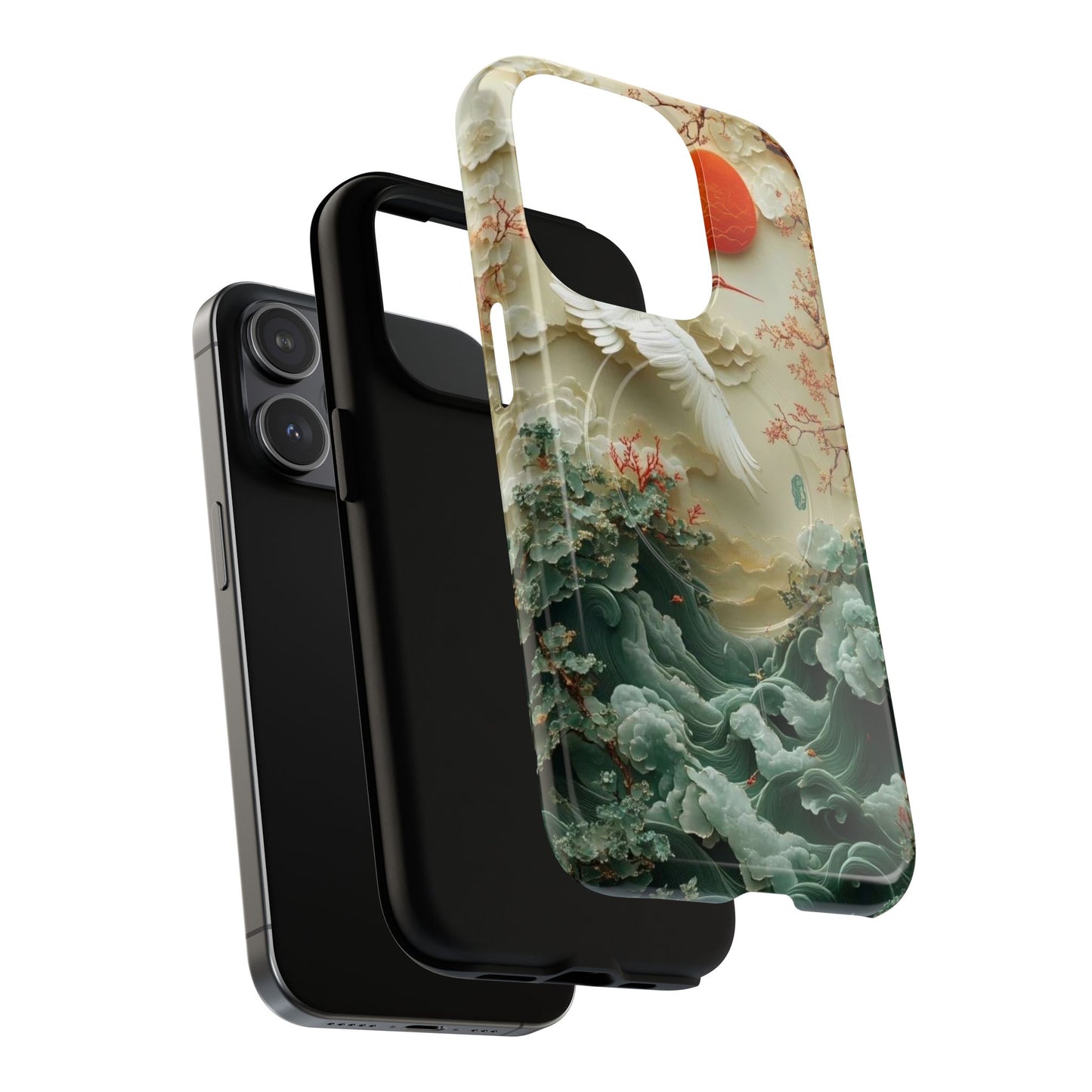 Elegant Tough Magnetic Case with Cranes and Waves Design